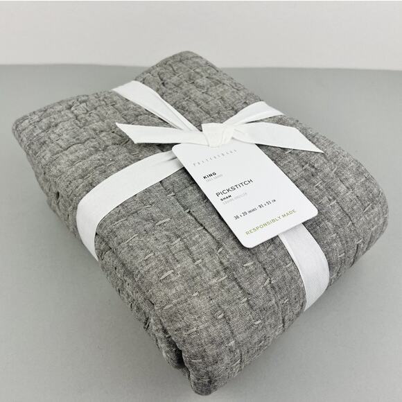 Pottery Barn Pickstitch Sham King Light Gray Linen Cotton Pillow Cover NWT - Picture 5 of 7